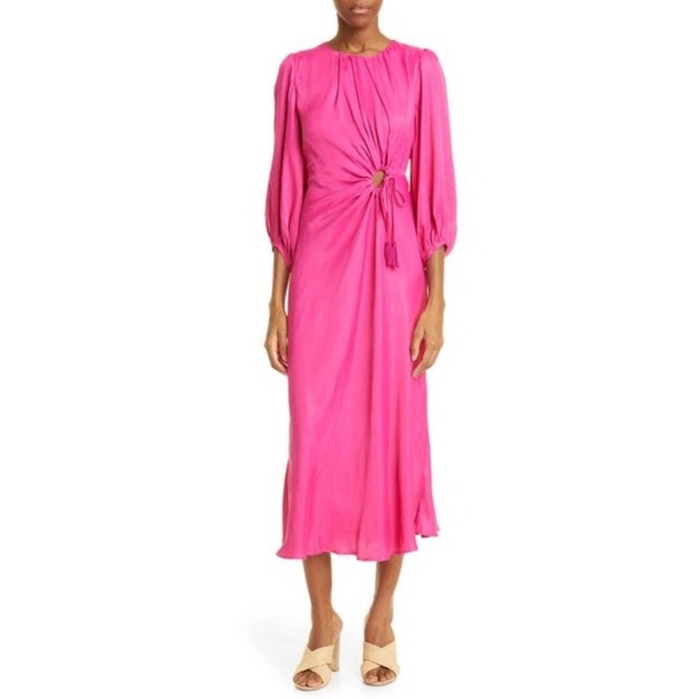 Farm Rio Pink Piping Midi Dress Women L Ruched Cutout Tassel New with Tag
